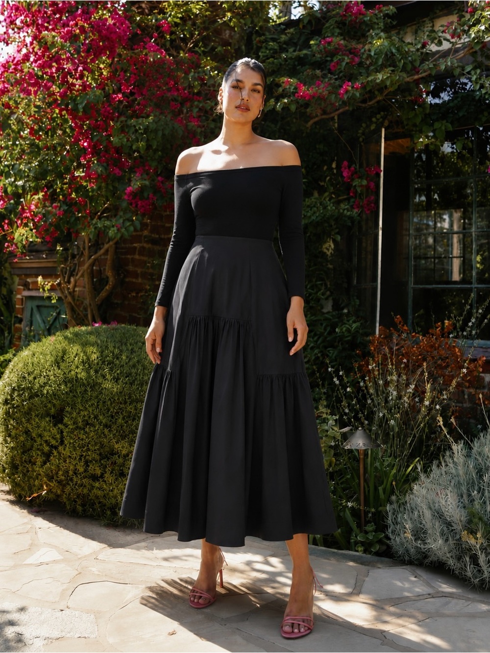 Tuckernuck | Black Off-Shoulder Marissa Long Sleeve Tiered Midi Dress ~ XXL
